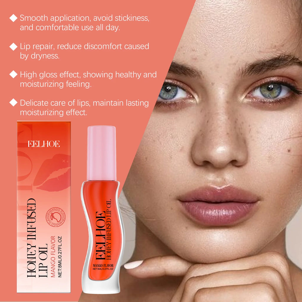 Eelhoe 8ml Honey Mango Flavor Moisturizing Lip Oil Nourishing Lips Enhance Gloss Care Exfoliator Lip Shine Plumping Lip Oil