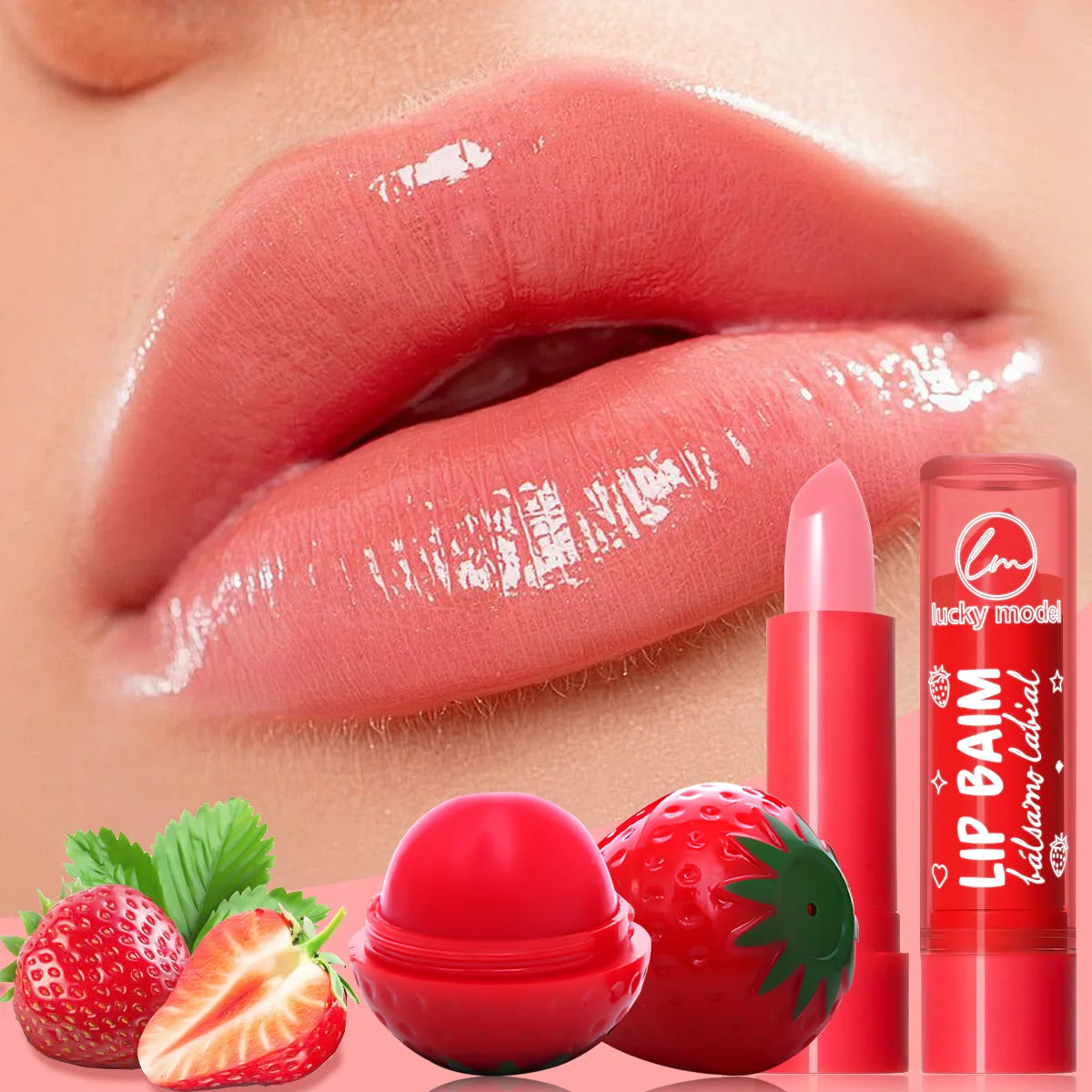 Strawberry lipstick set Warm and lasting natural red discolored fruit lip care cosmetics